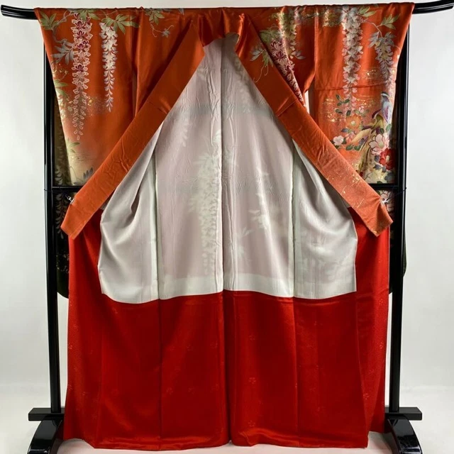 Woman Japanese Kimono Furisode Silk Flower Bird Embroidery Gold Foil Vermilion 2