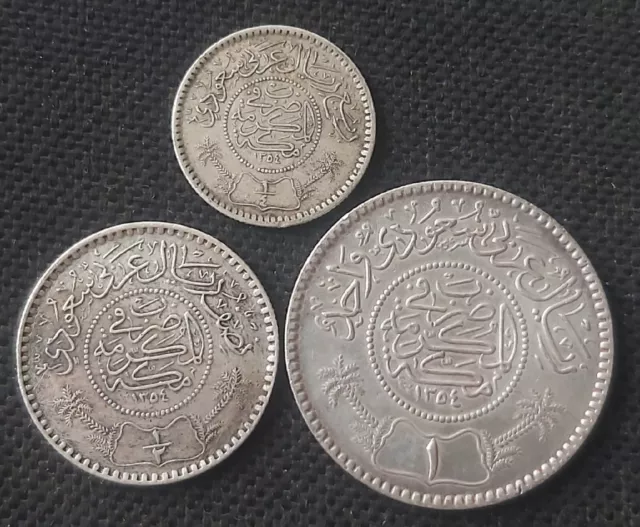 Saudi Arabia Complete Set Of 3 Silver Coins 1/4, 1/2 & 1 Riyal 1354 Ah Scarce!