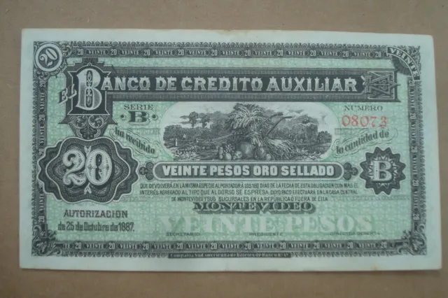 Uruguay , Banco de Crédito Auxiliar (1887) 20, pesos oro, no signature UNC