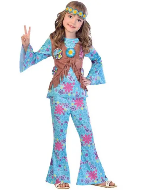 Child Flower Power Hippie Girls Fancy Dress Hippy 1960s 1970s Kids Disco Costume