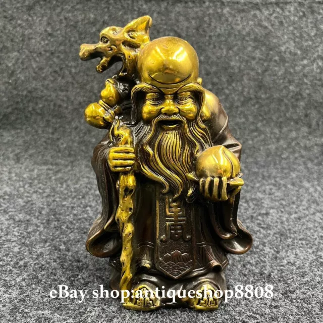 China Folk Bronze Gilt People Longevity God Fu Lu Shou Star Life Peach Statue