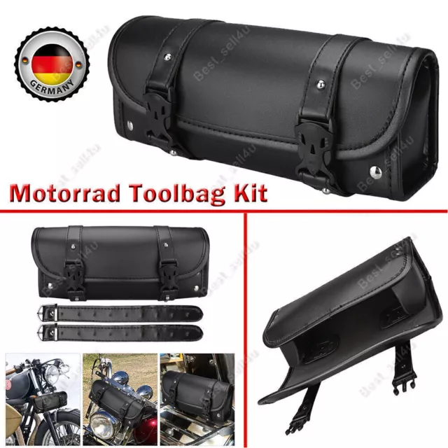 Motorrad Toolbag Werkzeug Leder Lenker Rolle Harley Chopper Tasche Schwarz  X4E5