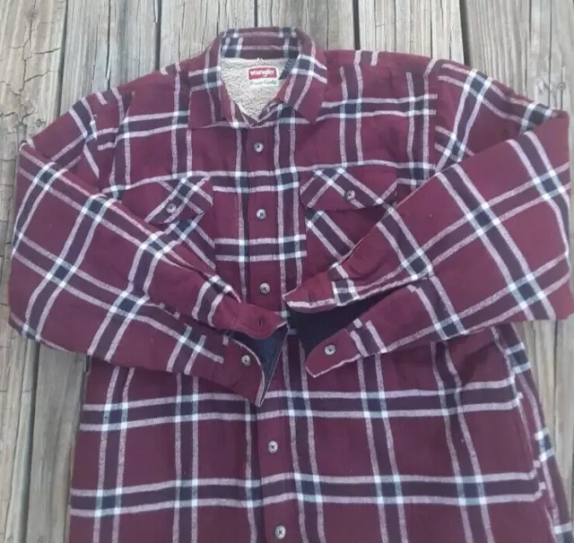 WRANGLER MENS SHERPA Lined Flannel Shirt Jacket Wine Red Plaid Size ...