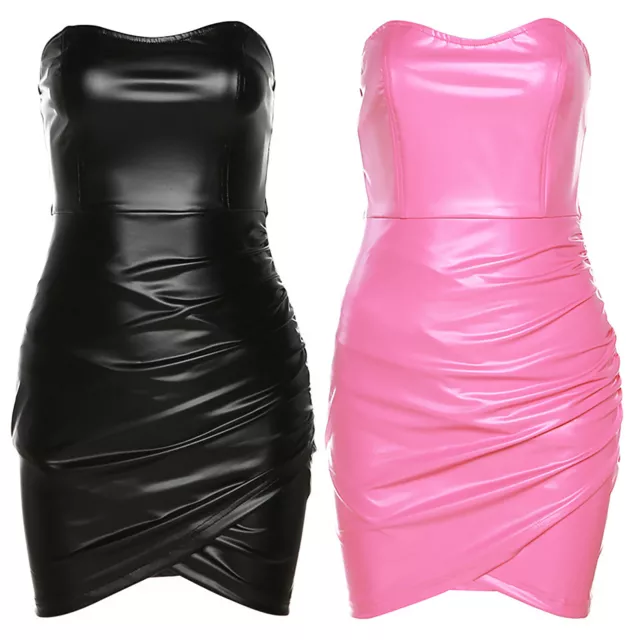 Women Latex Leather Zipper Bodycon Mini Dress Sexy Wet Look Shiny Skirt Clubwear