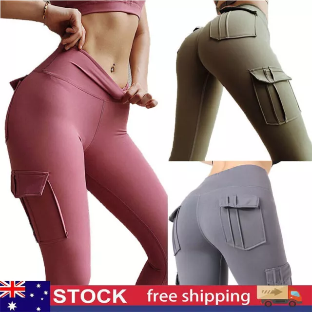 Womens Cargo Yoga Leggings with 4 Pockets Tummy Control Workout Pants High Waist