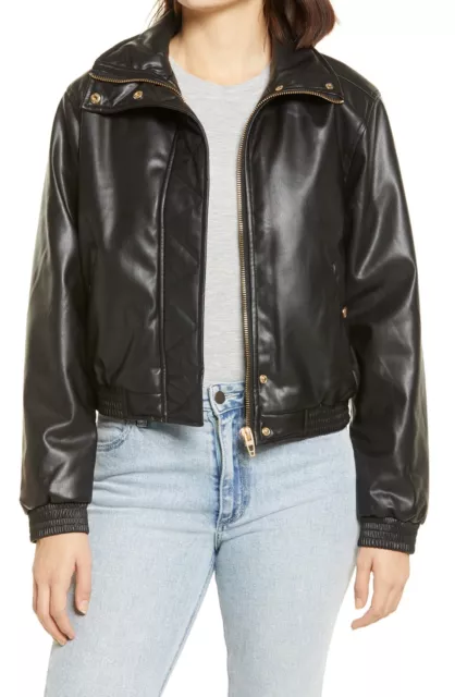 Women's Blanknyc Crop Faux Leather Bomber Jacket, Size Small - Black