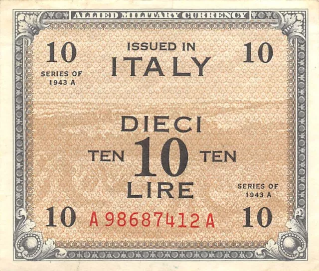 Italy  10  Lire  Series of 1943 A  Block  A-A  WW II  Circulated Banknote Q70