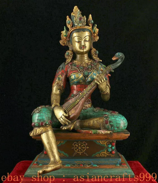 14'' Altes Tibet Buddhist Bronze Gold Türkis Saraswati Göttin Buddha Statue