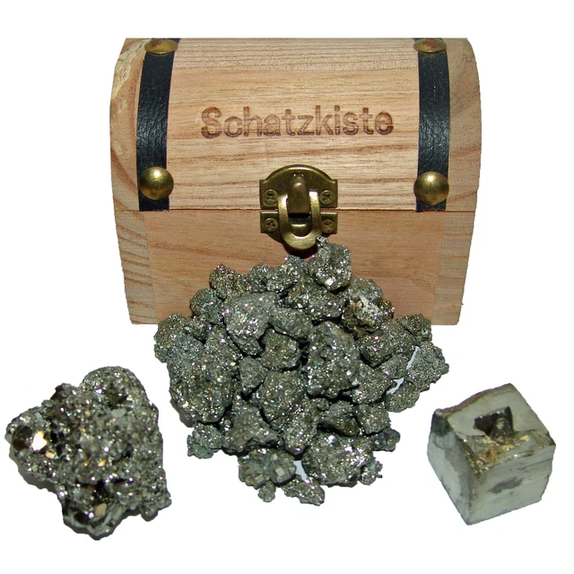 Schatzkiste gefüllt mit Pyrit / Piratengold / Katzengold 200g mini Steine Natur