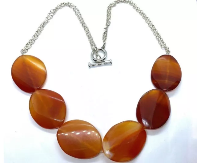 Stunning Chunky Heavy Banded Carnelian Agate T-Bar Toggle Silver Chain Necklace