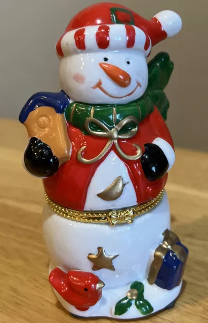 Snowman Hinged Trinket Box-approx. 5”Tall-w/Bird House, Red Cardinal, Hat, Gift
