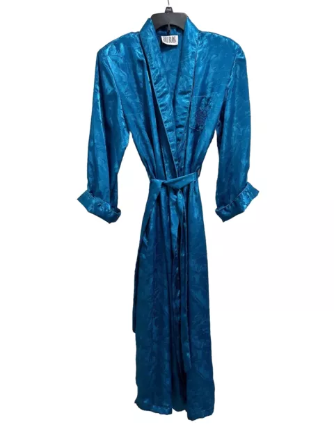 Vintage Bill Blass Teal Satin Jacquard Kimono Logo Robe Sleepwear 2