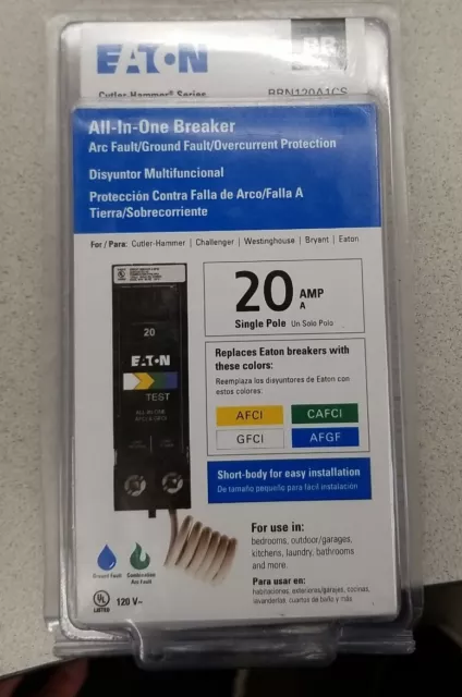 Eaton BRN120A1CS BR 20A 120V 1-Pole Arc Fault/Ground Fault Circuit Breaker -New!