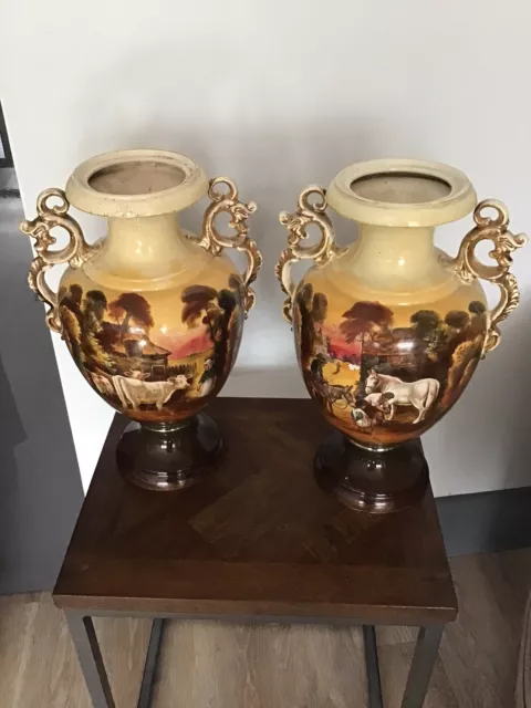 Pair Of Large Antique Victorian Hand Painted Vases Depicting Farm Scenes