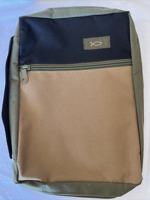 Zippered Bible Cover Case w/Fish Emblem Zip Pocket Pouches Bookmark Canvas Green