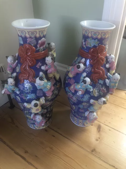 Chinese Famille Rose Porcelain Blue Boys Fertility Vase Pair Urn REDUCED TO £100