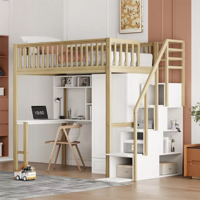 Hochbett Kinderbett Jugendbett mit Kleiderschrank Schreibtisch und Treppe Natur