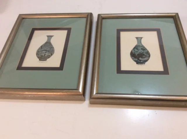 VTG Pair Asian Watercolors Vase/Urn Matted Framed Signed Original Art 1982