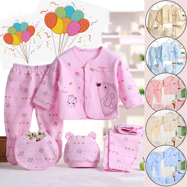 5PCS Hospital Newborn Baby Boys Girls Long Sleeve Top Hat Pants Bib Outfits Set