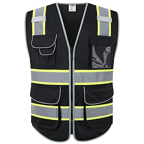 9 Pockets Hi-Vis Black Color Zipper Front Safety Vest Fluorescent Yellow Stripsn