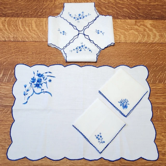 VINTAGE MADEIRA EMBROIDERY Breakfast Set Tray Mat, 2 Napkins, Bread