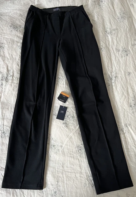 M&S Smart pantaloni da jogger neri dritti tasche vita elastica 10 lunghe prezzo di ricambio £25