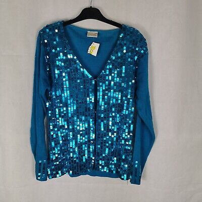 Ladies Cardigan Size S/M 10 12 Thin Knit Sequin Front Teal Party Evening Sparkly