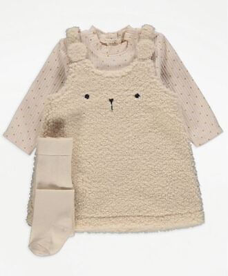 Baby Girl Teddy Bear 3 Piece Fleece Dress Bodysuit & Tights Outfit Set Ex George