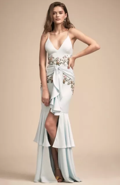 BHLDN PatBo Pamina Gown Beaded Flowers Tiered  Blue Aqua Satin Embroidered 2 NEW