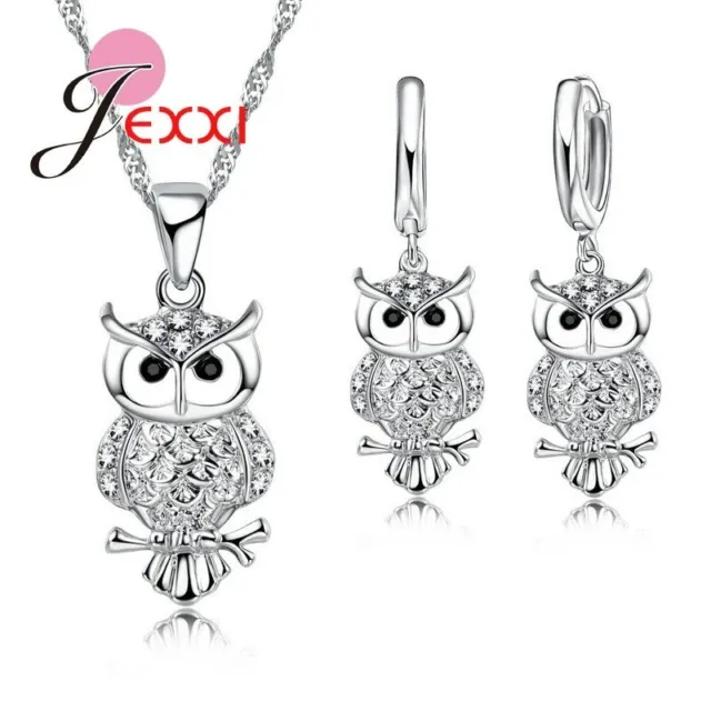 925 Sterling Silver Cute Owl CZ Crystal Pendant Necklace & Earring Set Gifts UK