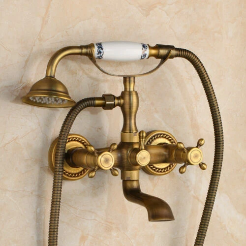 Antique Brass Wall Mount Basin Tub Mixer Taps Hand Held Shower Spray Faucet Set