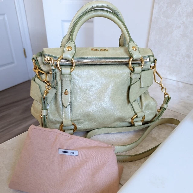 Miu Miu Vitello Lux Leather Mini Bow Satch Bag Pastel Green Good Used Condition