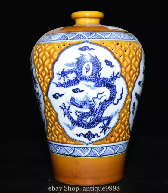 12'' Ming Xuande Blue White Yellow Glaze Porcelain Dragon Loong Bottle Vase