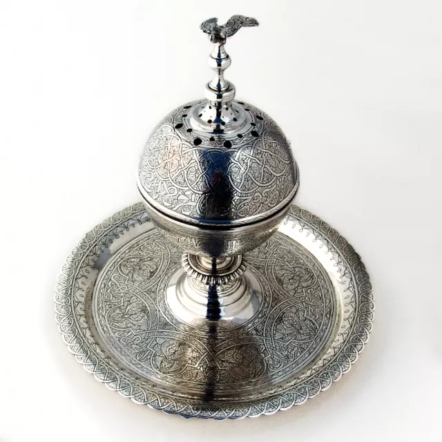 Ornate Islamic Incense Burner Stand Bird Finial Egyptian 900 Silver 1950s