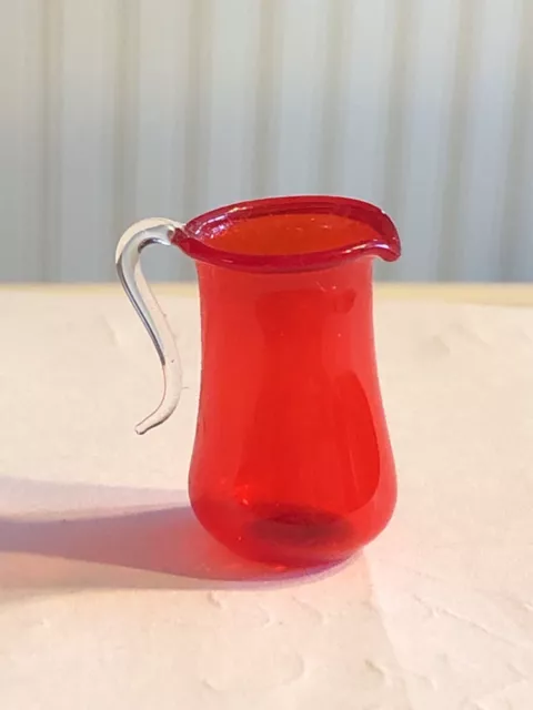 Dollhouse Miniature Artisan Blown Glass Pitcher Red With Clear Handle