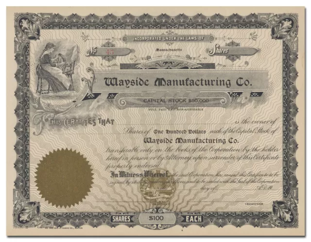 Wayside Manufacturing Company Stock Certificate (Massachusetts)