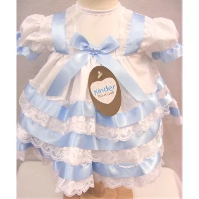 Baby Girls Traditional Romany Blue & White Frilly Lace Satin Ribbon Dress NB-6Ms