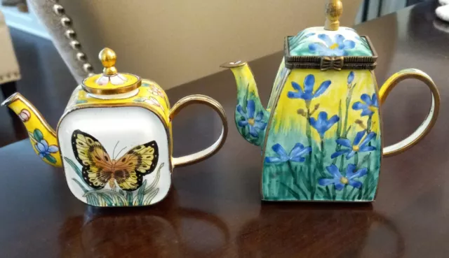 Lot of 2 VTG Kelvin Chen Mini BUTTERFLY & IRIS TEAPOT Trinket Boxes ~ READ