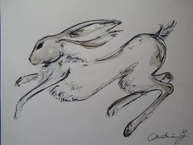 Original black pen ink wash drawing study of a hare running jumping leaping