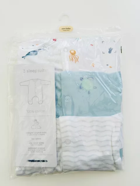 Baby Boys 3 Pack Sleepsuits Mothercare Blue Sea Life Pure Cotton Baby Grows NEW 3