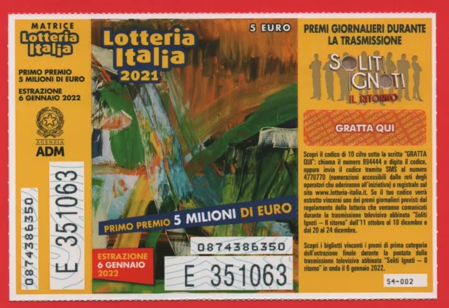 Lotteria Italia 2021 Raro Con Matrice E Gratta E Vinci 002 Tenuto Perfettamente