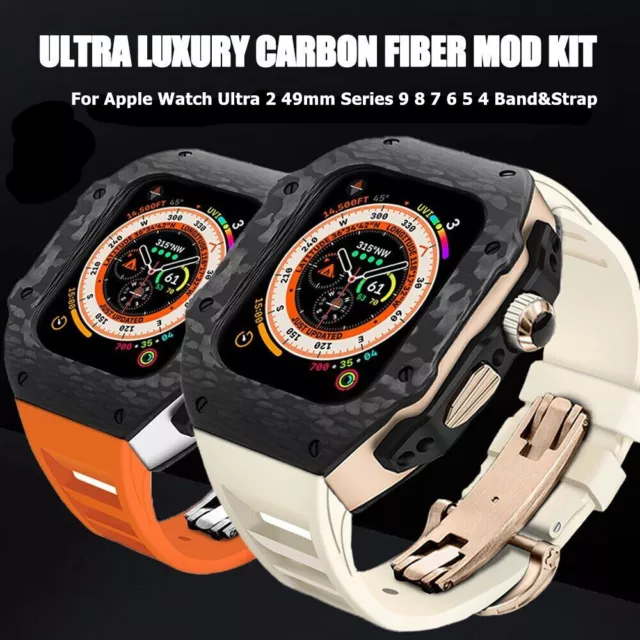 Genuine Carbon Fiber Mod Kit Case Band For Apple Watch Ultra 9 8 7 Rubber Strap