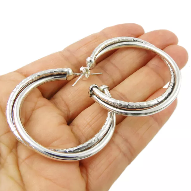 Large Heavy Handmade Double Hoop 925 Sterling Silver Twisted Circle Earrings