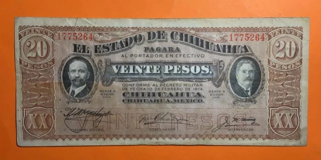 1914 $20 Bronze Mexico Revolution "El Estado De Chihuahua"! FINE! Old Currency!