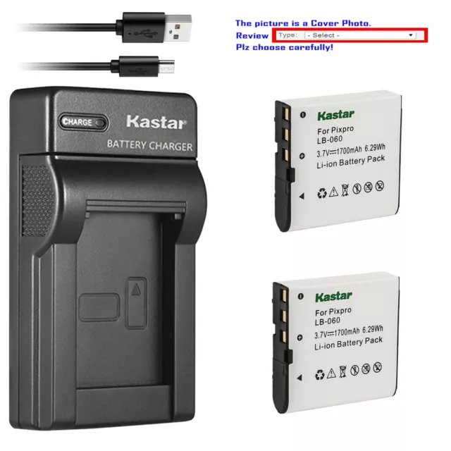 Kastar Battery Slim USB Charger for Kodak LB-060 PixPro AZ528 Astro Zoom Camera