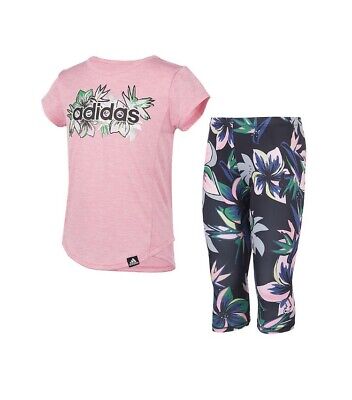 Adidas Girls 2-Piece Floral Capri Leggings Outfit Pink Size 6 NWT