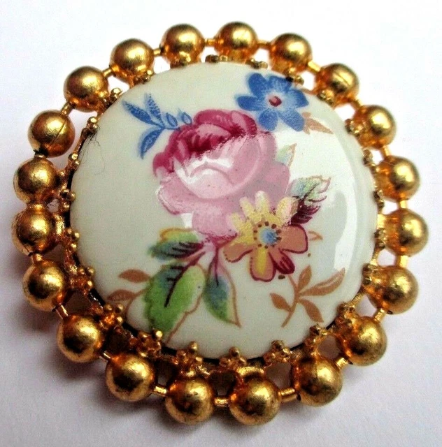 Broche Vintage Fleur En Porcelaine Et émail – Cabochon Doré, Fait Main – Occasion Parfait état