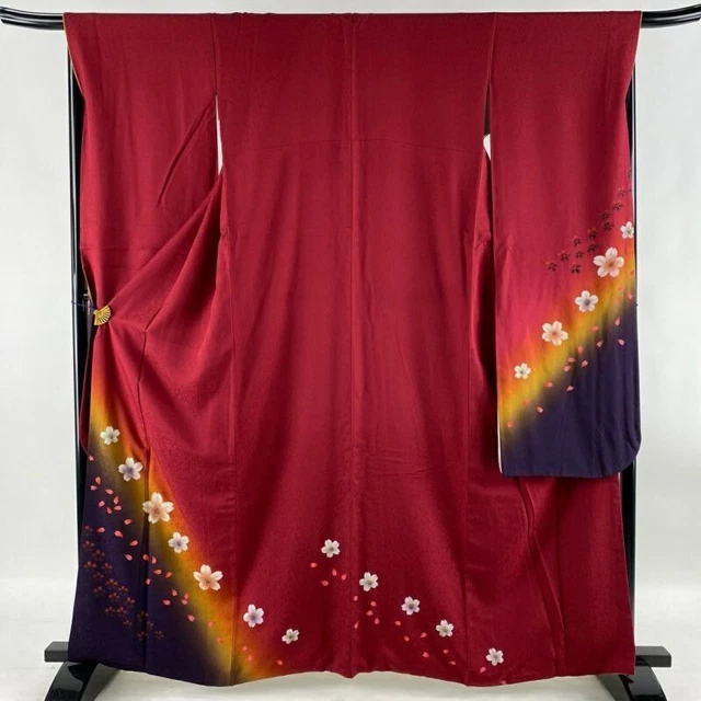 Japanese Kimono Furisode Pure Silk Cherry Blossom Petal Silver Paint Red