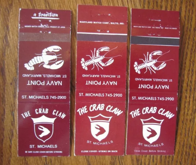 Animal 3 Lobster Matchbooks: Crab Claw Restaurant (St. Michaels, Maryland) -F1