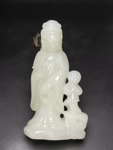 Chinese Exquisite Handmade Guanyin and Child carving Hetian Jade Statue